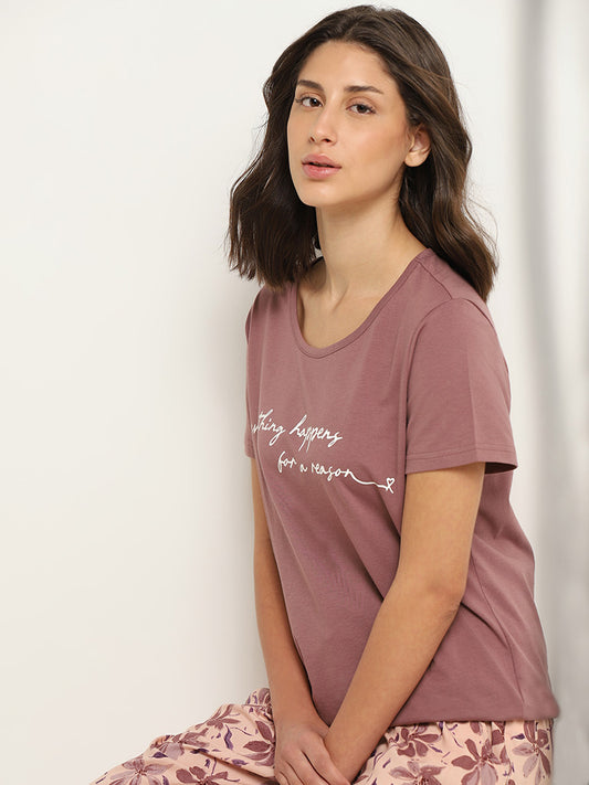 Wunderlove Brown Contrast-Printed Cotton T-Shirt