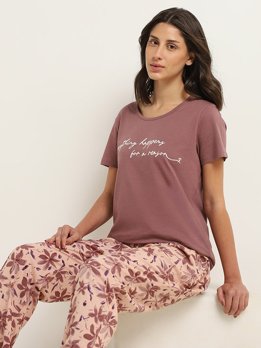 Wunderlove Brown Contrast-Printed Cotton T-Shirt