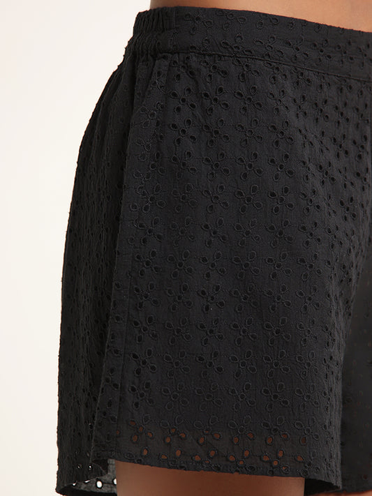 Superstar Black Cotton Mid-Rise Schiffli Shorts