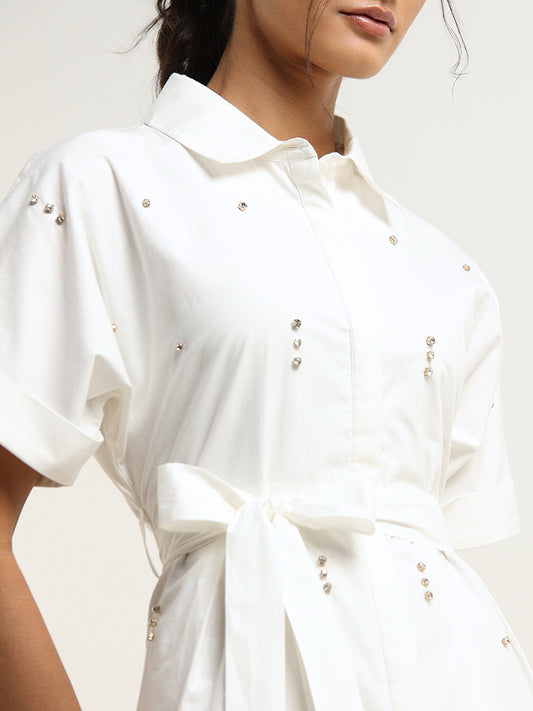 LOV White Rhinestone Embellished Cotton Shirt Dress with Belt