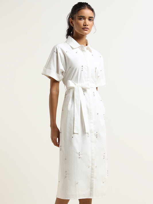LOV White Rhinestone Embellished Shirt Dress with Belt
