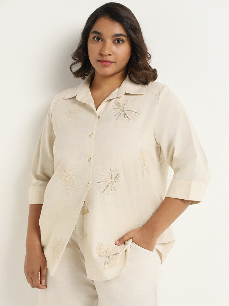 Gia Beige Embroidered Cotton Shirt