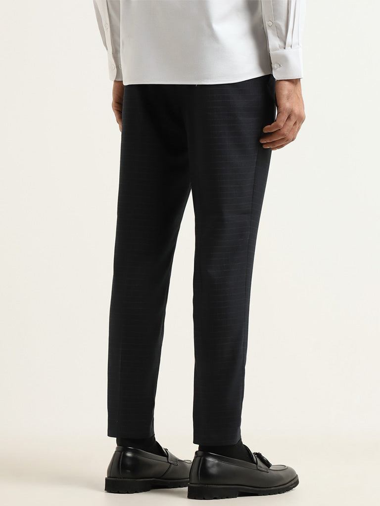WES Formals Navy Checkered Slim Fit Trousers