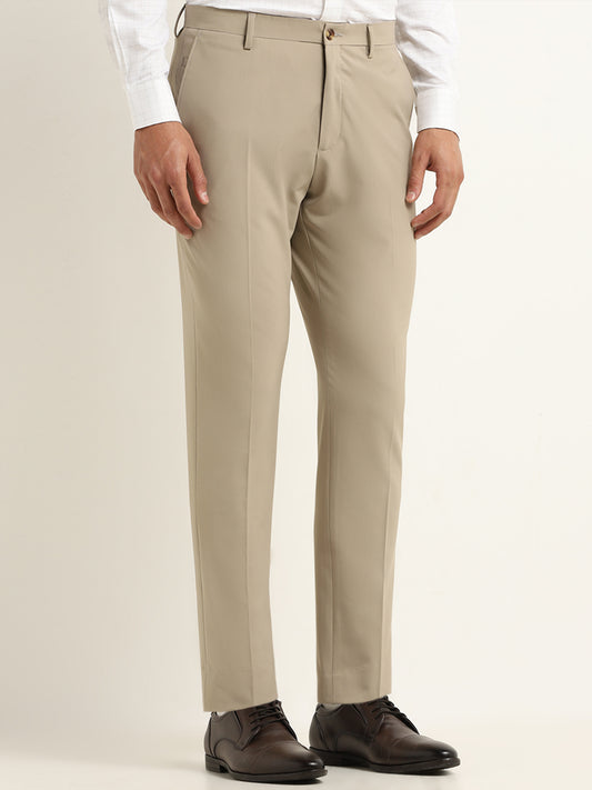 WES Formals Beige Mid Rise Slim Tapered Fit Trousers