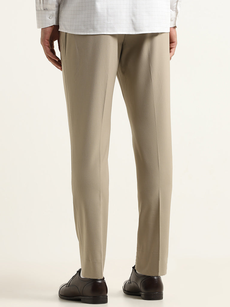 WES Formals Beige Mid Rise Slim Tapered Fit Trousers