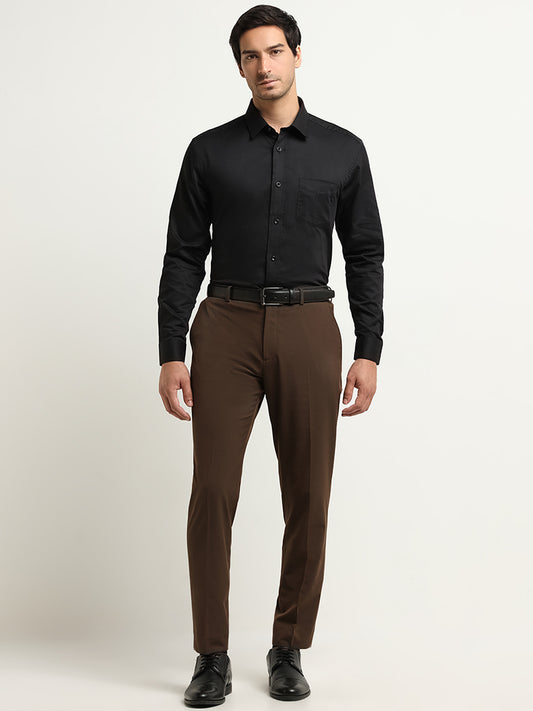 WES Formals Dark Brown Mid Rise Slim Tapered Fit Trousers