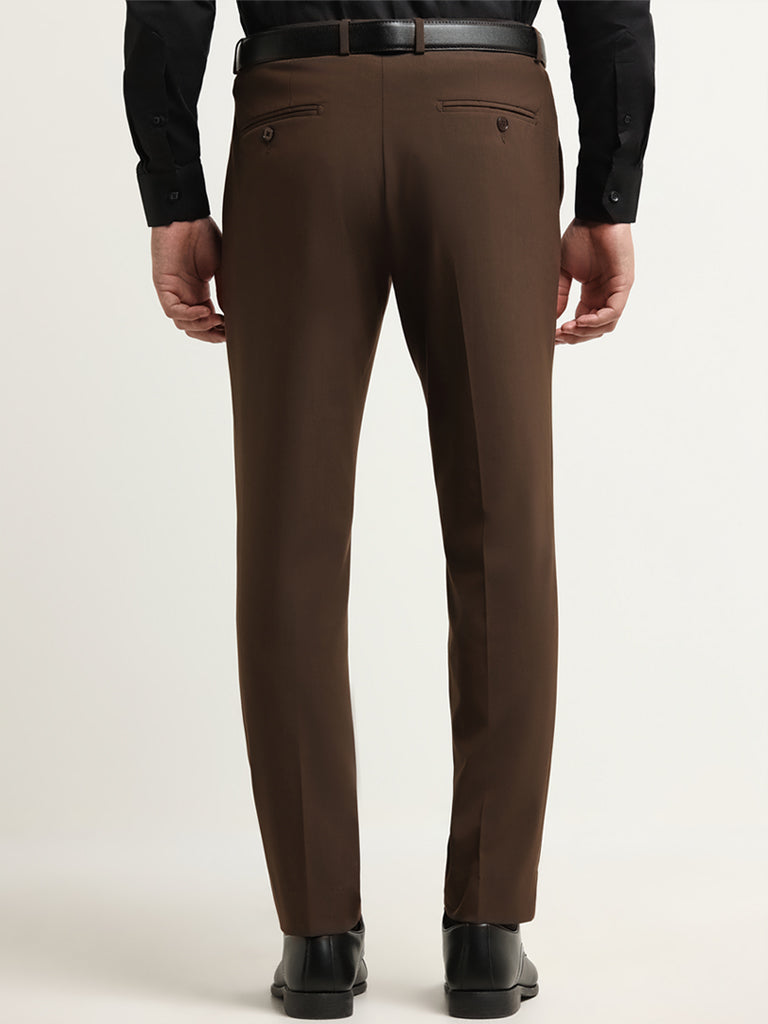 WES Formals Dark Brown Mid Rise Slim Tapered Fit Trousers