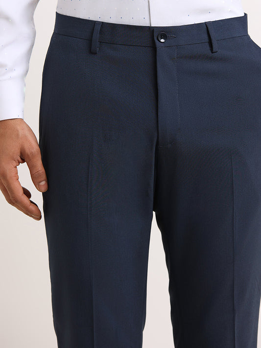 WES Formals Blue Mid Rise Slim Tapered Fit Trousers