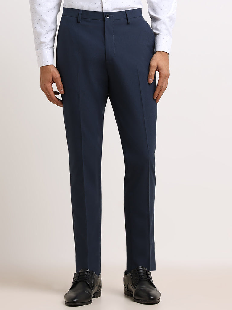 WES Formals Blue Mid Rise Slim Tapered Fit Trousers