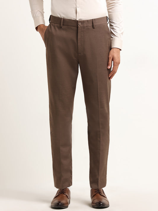 WES Formals Dark Brown Mid Rise Slim Fit Trousers