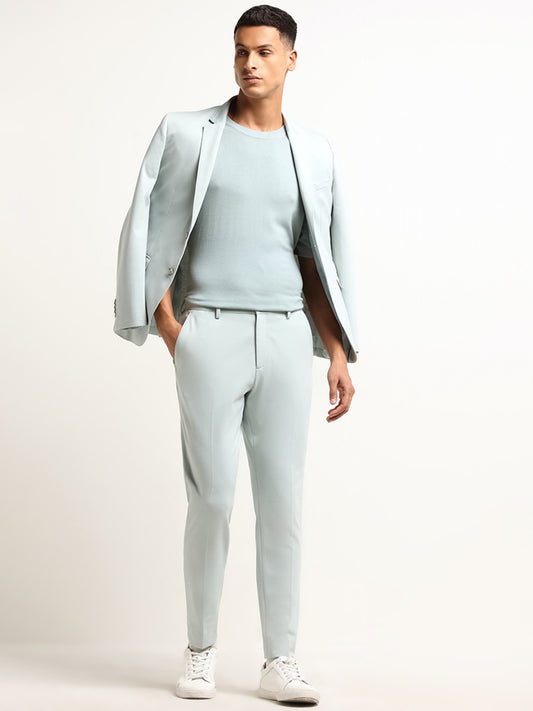 WES Formals Mint Blue Mid Rise Slim Tapered Fit Trousers