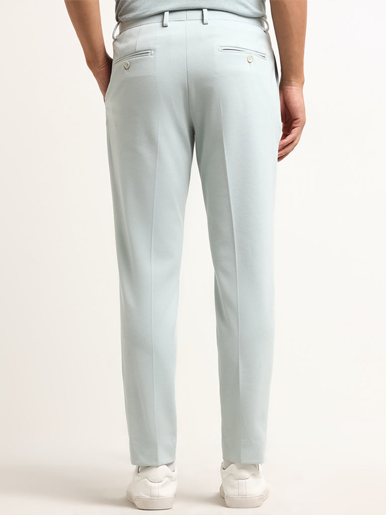 WES Formals Mint Blue Mid Rise Slim Tapered Fit Trousers