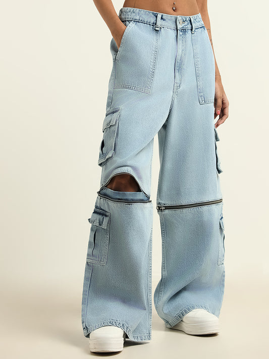 Nuon Blue Detachable Cargo Relaxed Fit High Rise Denim Jeans