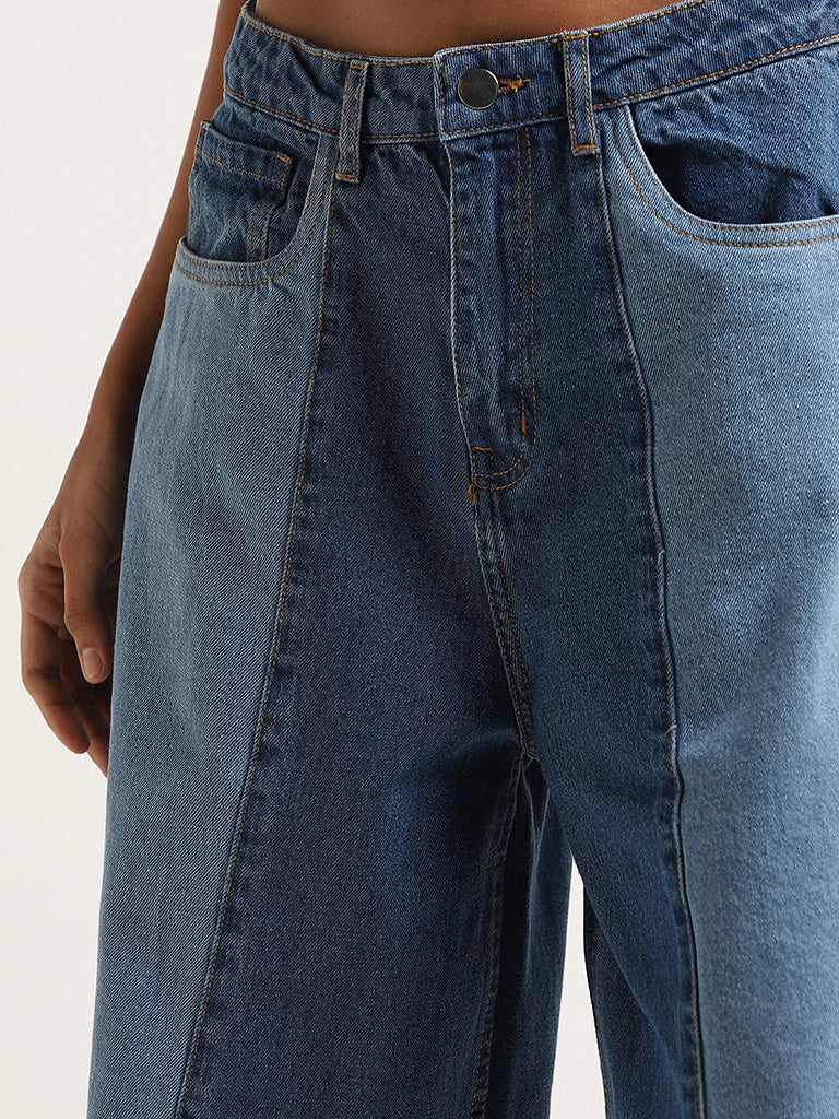 Nuon Blue Two Toned Relaxed Fit Mid Rise Jeans