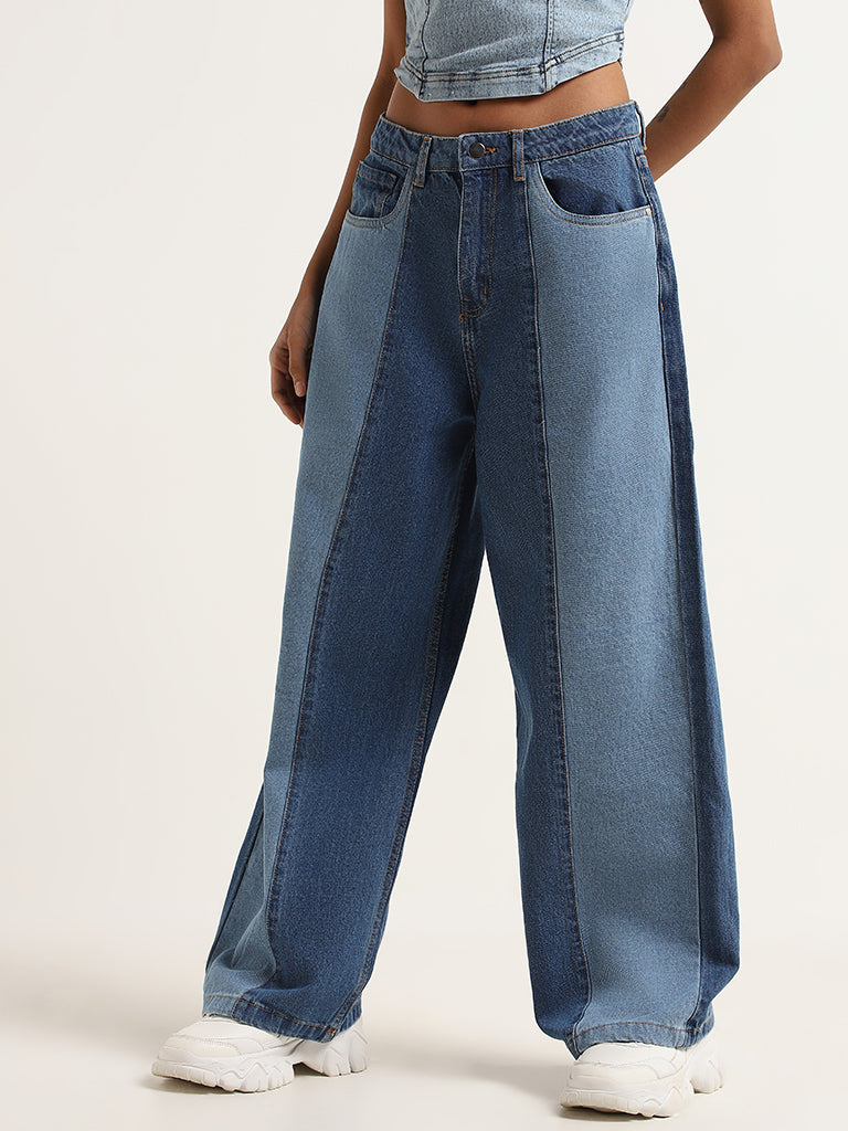 Nuon Blue Two Toned Relaxed Fit Mid Rise Jeans