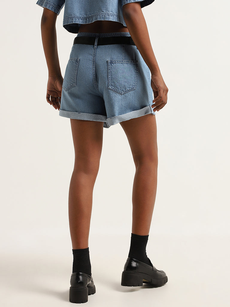 Nuon Blue Mid Rise Denim Shorts with Belt