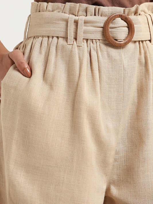 LOV Beige High-Waisted Blended Linen Shorts with Fabric Belt