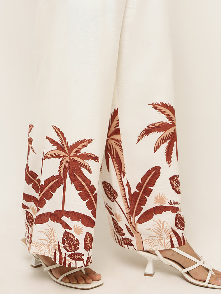 LOV Off-White Printed Blended Linen Trousers
