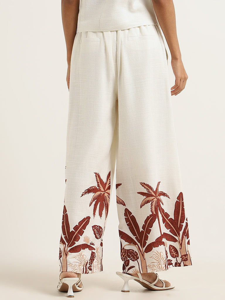 LOV Off-White Printed Blended Linen Trousers