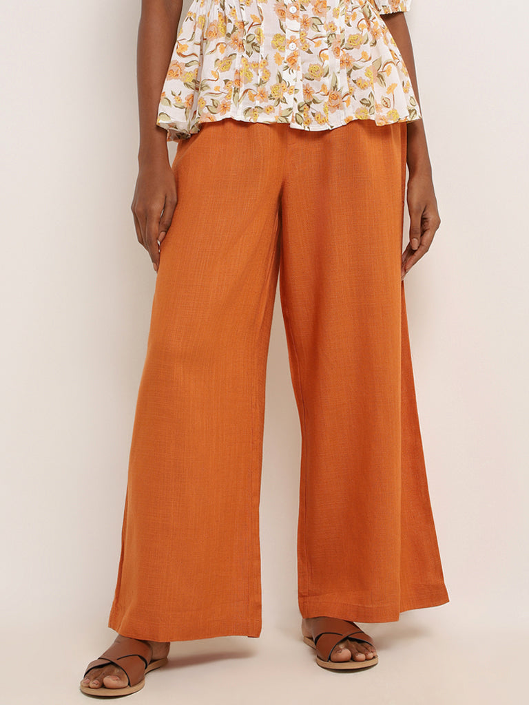 LOV Orange Blended Linen Wide-Leg Pants