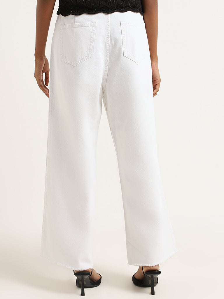 LOV White Wide Leg Fit Mid Rise Jeans with Belt