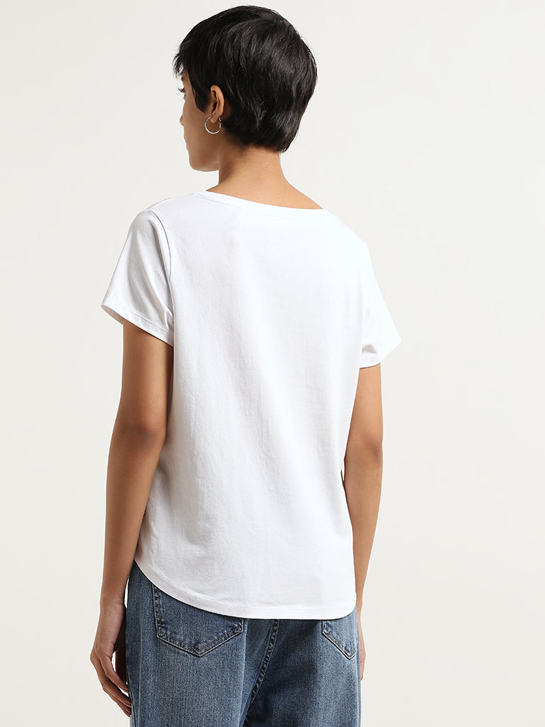 LOV White Floral Printed Cotton T-Shirt