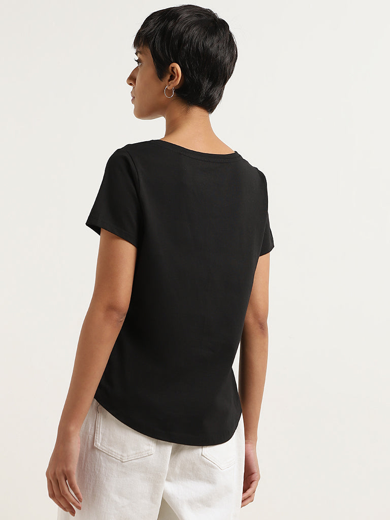 LOV Black Patch Printed Cotton T-Shirt
