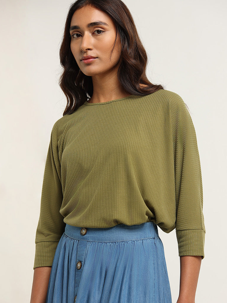 LOV Green Cotton Loose-Fit Top