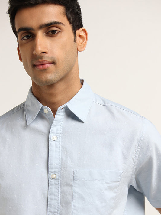 WES Casuals Light Blue Printed Shirt Cotton Relaxed Fit Shirt