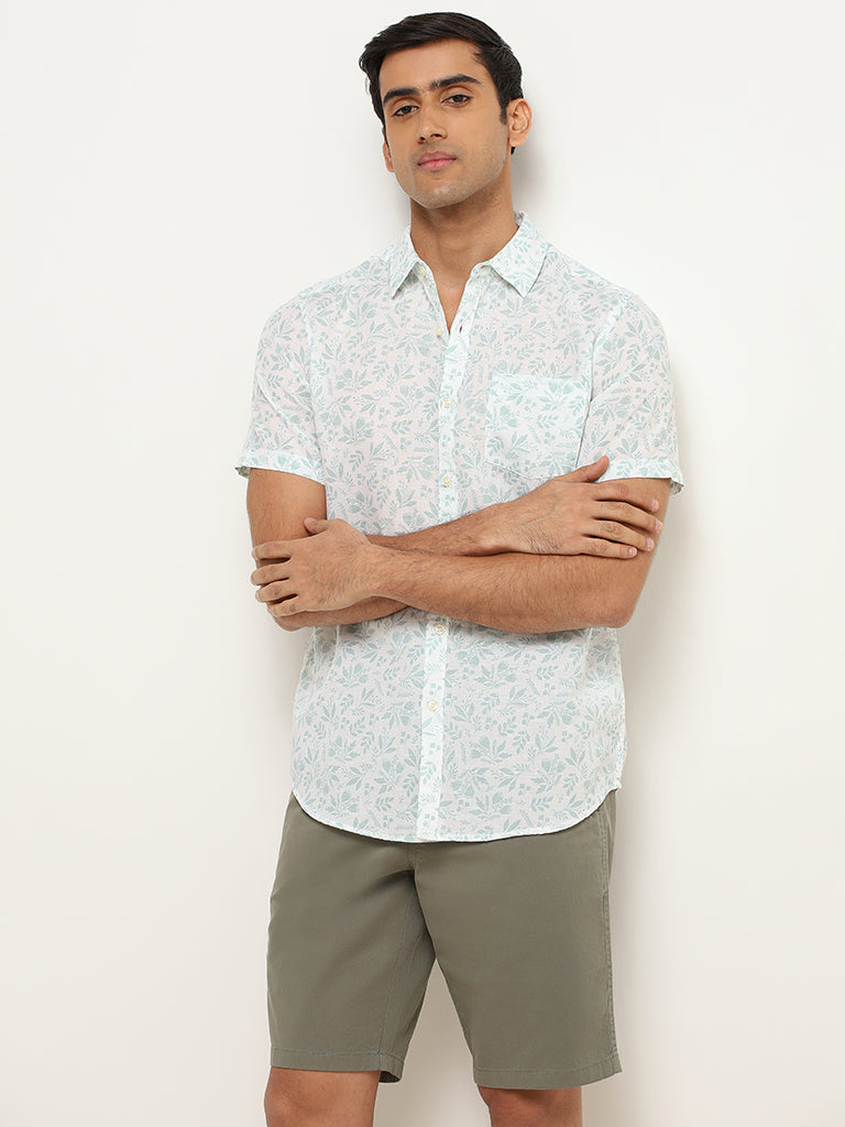 WES Casuals Green Cotton Blend Slim Fit Shirt