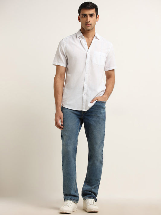 WES Casuals White Striped Slim Fit Blended Linen Shirt