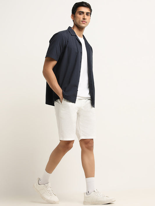WES Casuals Navy Textured Cotton Relaxed Fit Shirt