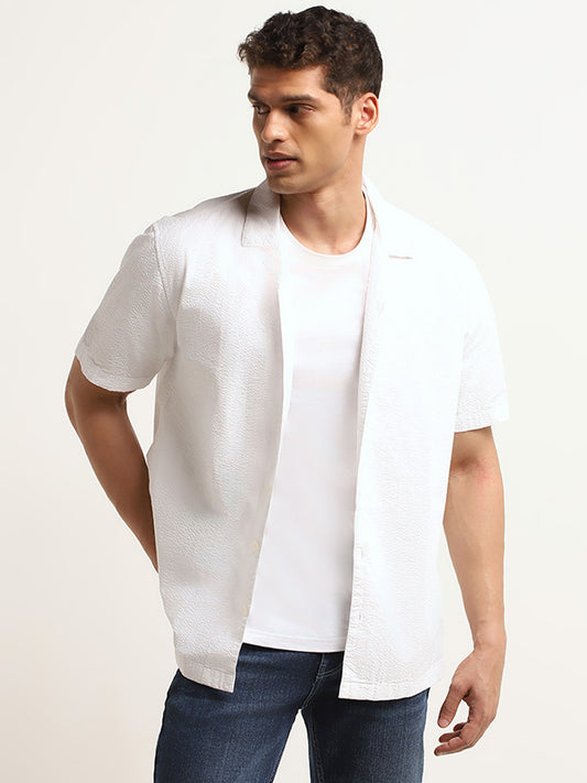WES Casuals Self White Cotton Relaxed Fit Shirt