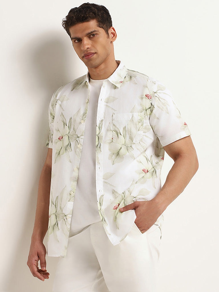 WES Casuals White Floral Print Slim Fit Shirt