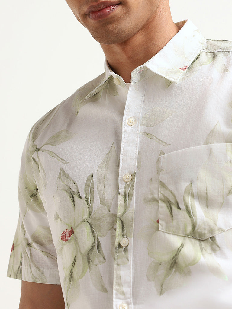 WES Casuals White Floral Print Slim Fit Shirt