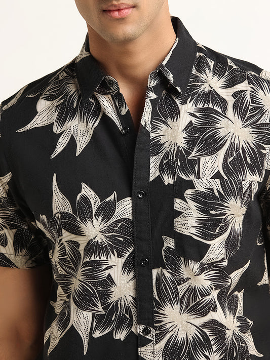 WES Casuals Black Floral Printed Cotton Slim Fit Shirt
