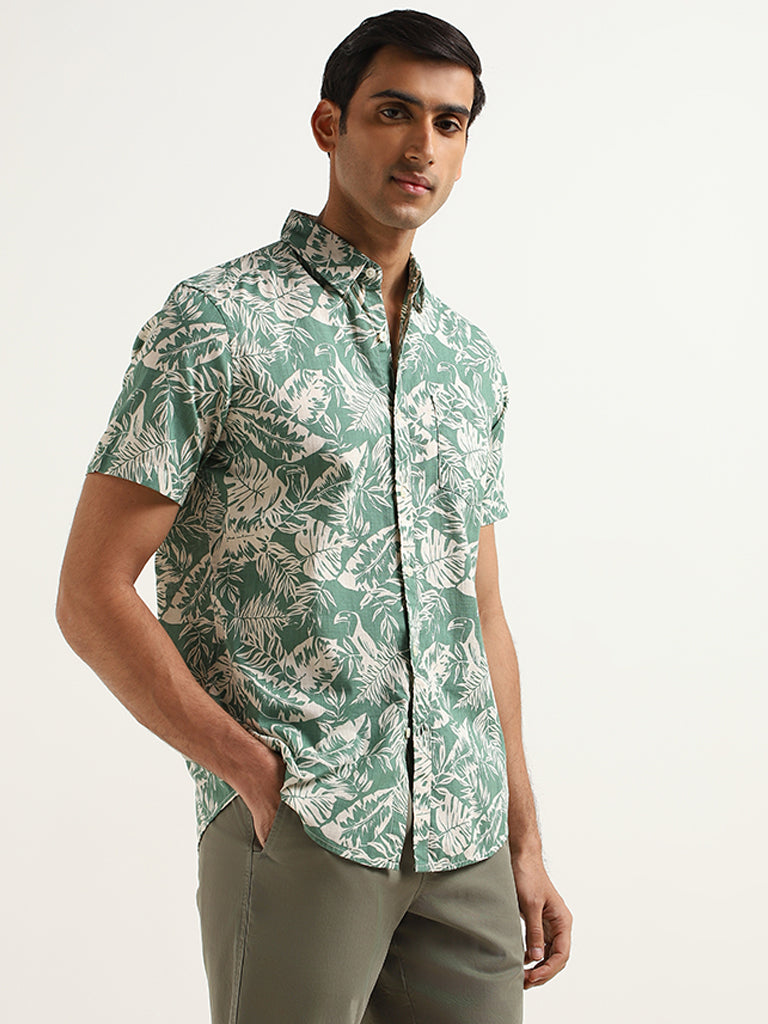 WES Casuals Green Cotton Slim Fit Shirt