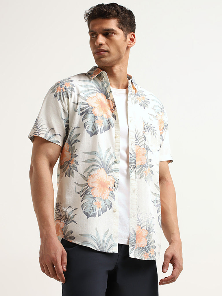 WES Casuals Off-White Floral Print Cotton Slim Fit Shirt