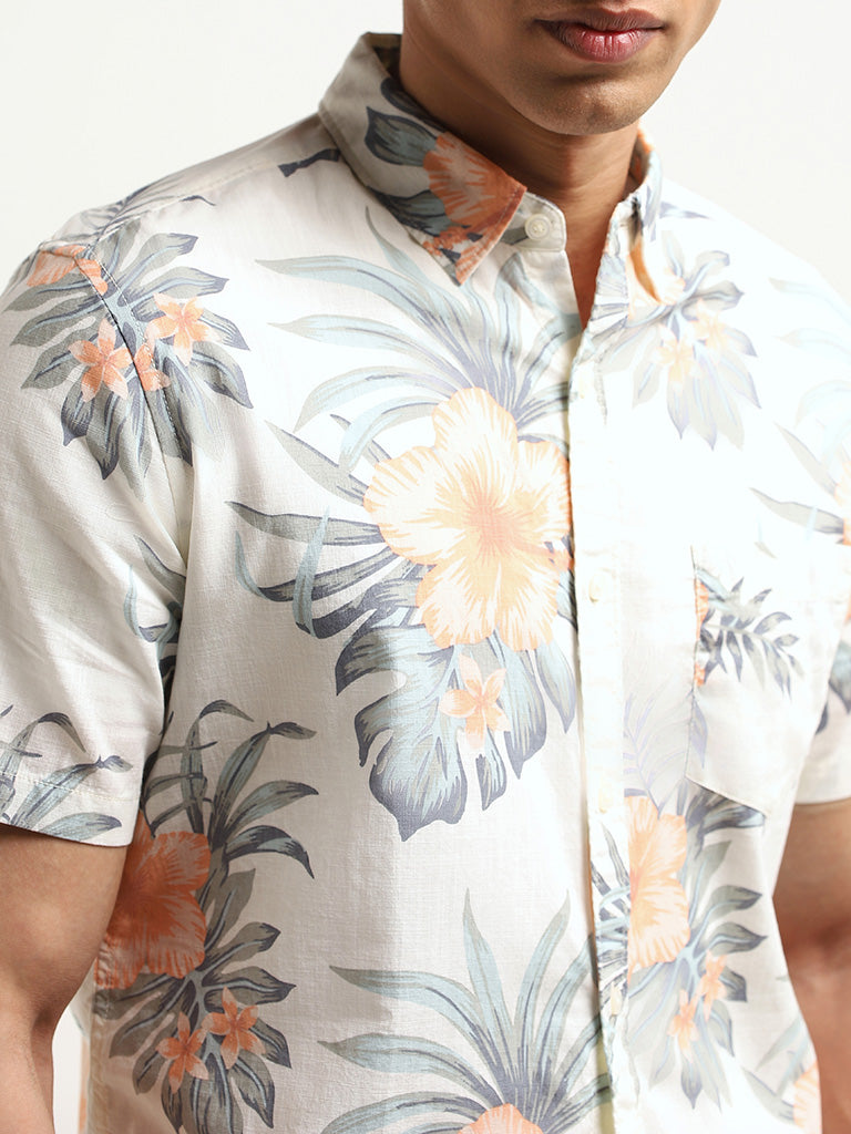WES Casuals Off-White Floral Print Cotton Slim Fit Shirt