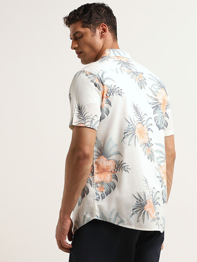 WES Casuals Off-White Floral Print Slim Fit Shirt