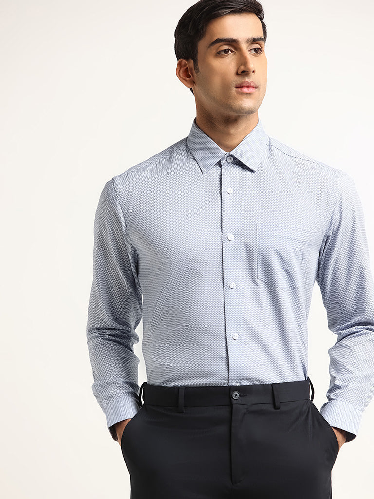 WES Formals Blue Printed Cotton Relaxed Fit Shirt