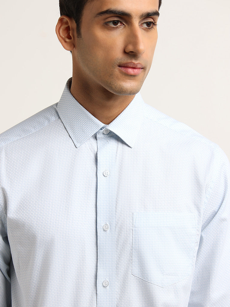 WES Formals Light Blue Checkered Print Relaxed Fit Shirt