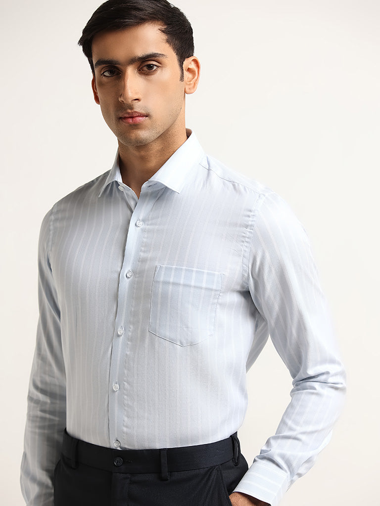 WES Formals Light Blue Striped Design Slim Fit Shirt