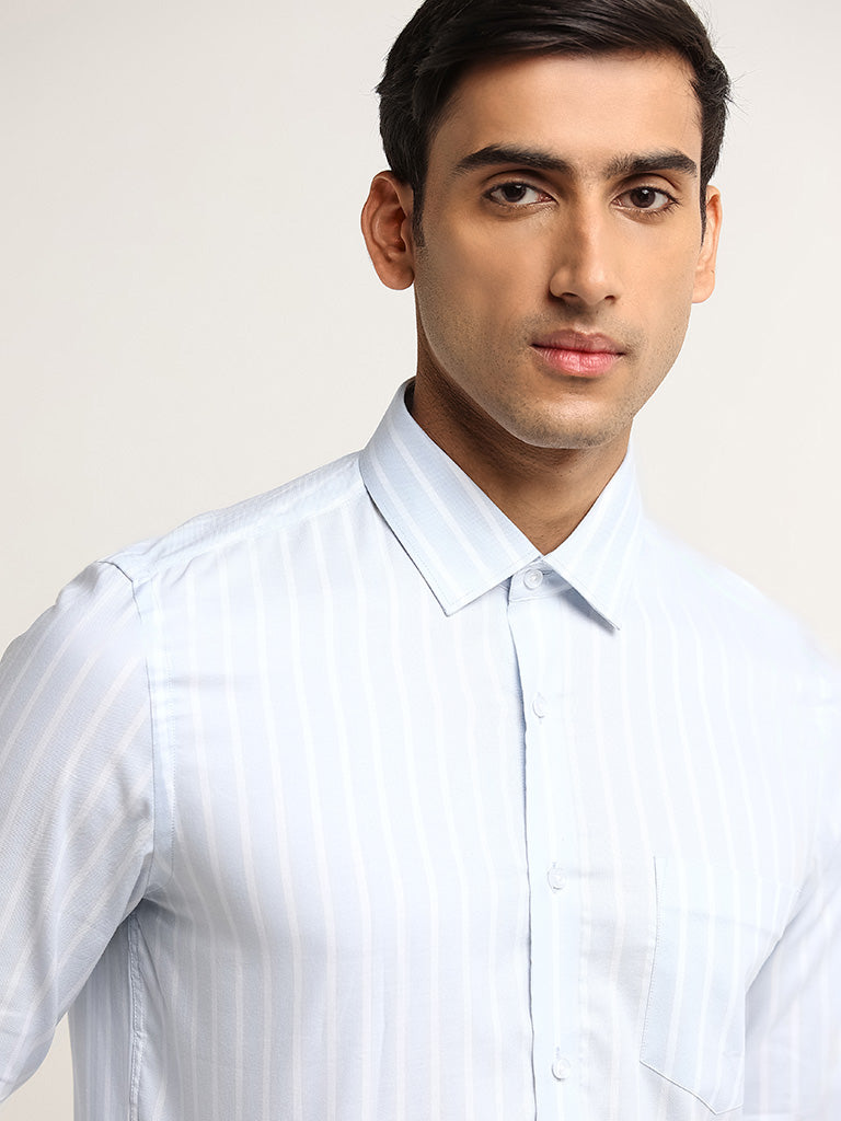 WES Formals Light Blue Striped Design Cotton Slim Fit Shirt