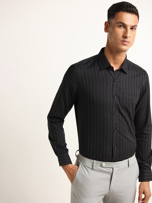 WES Formals Black Striped Ultra Slim Fit Shirt