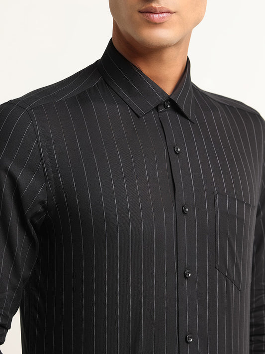 WES Formals Black Striped Cotton Ultra Slim Fit Shirt