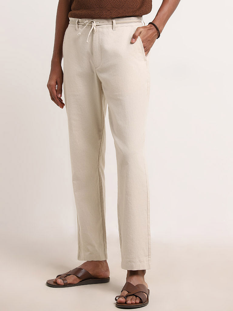 ETA Beige Cotton Blend Relaxed-Fit Mid-Rise Trousers