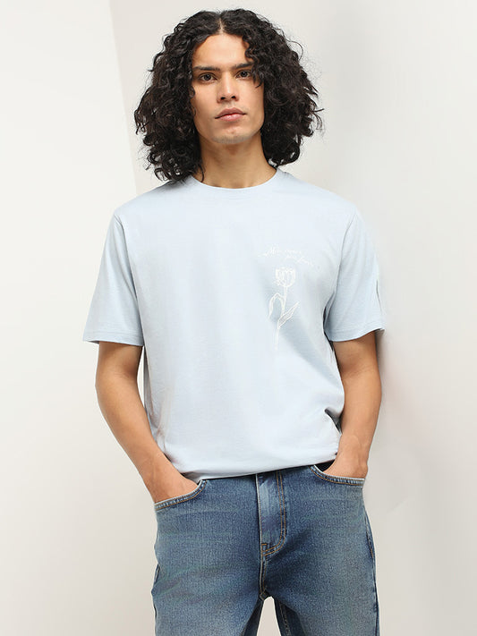 Nuon Light Blue Printed Slim Fit T-Shirt