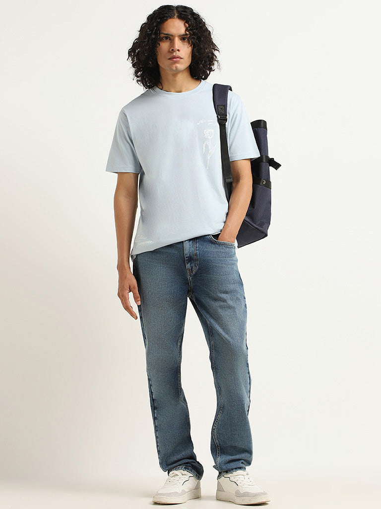 Nuon Light Blue Printed Cotton Slim Fit T-Shirt