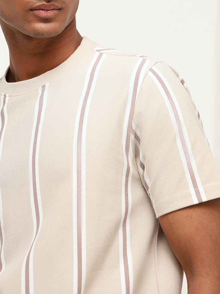 Nuon Beige Striped Cotton Blend Slim Fit T-Shirt